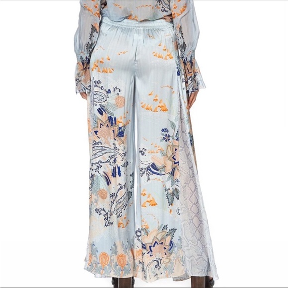 Camilla Light Blue Floral Wide-Leg Silk Pants - Picture 2 of 14